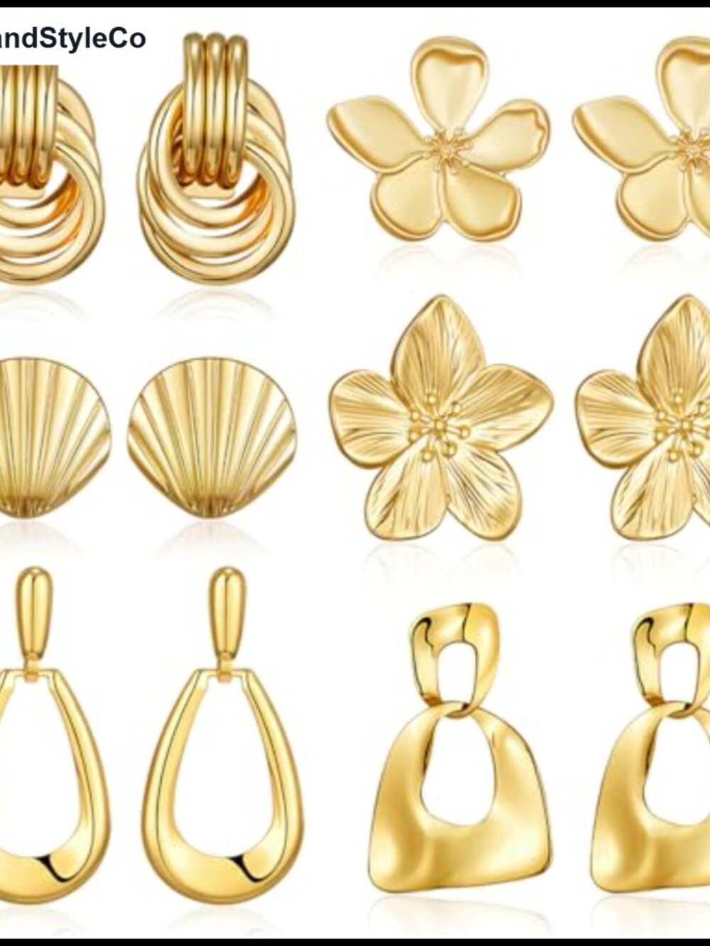 6 Pairs Gold Plated Flower Shell Knot Dangle Earrings Set Hypoallergenic